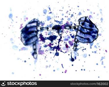 Grunge illustration of human hands with chains, colorful inks.