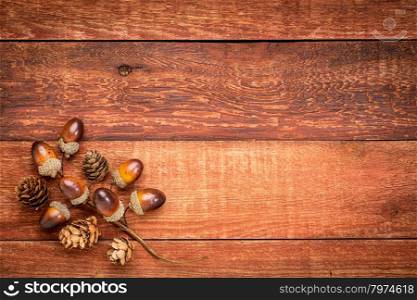 grunge red barn wood background with acorns and cones fall decoration