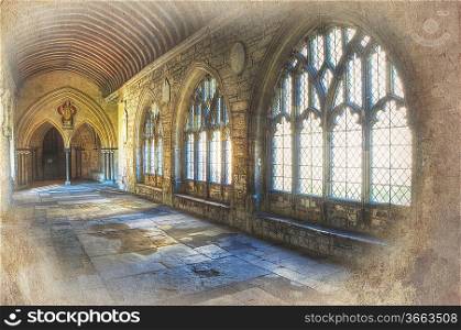 Grunge retro effect treatment on image of cathedral cloisters
