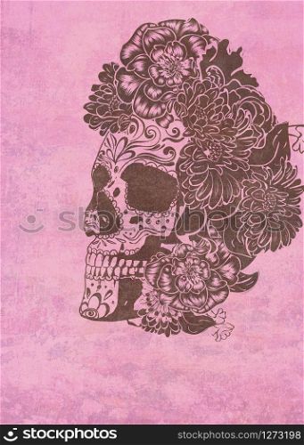 Grunge retro style illustration of floral sugar skull design, hard texture background.