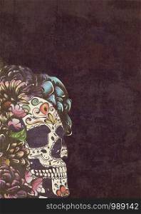 Grunge retro style illustration of floral sugar skull design, hard texture background.