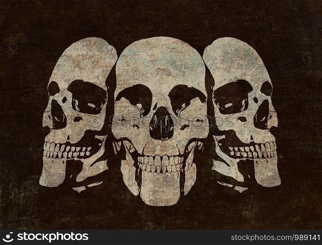 Grunge retro style illustration of human skull with hard texture background.