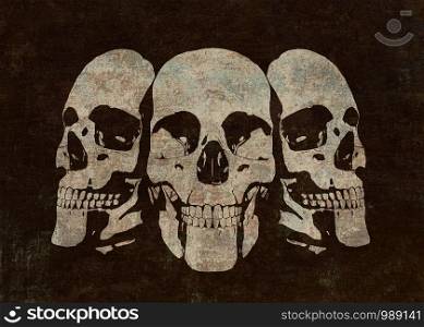 Grunge retro style illustration of human skull with hard texture background.