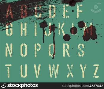 Grunge stencil alphabet with drops and streaks. Vector, EPS10