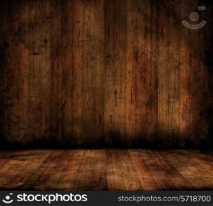 Grunge style image of a room interior with wooden floors and walls