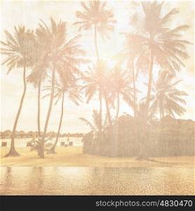 Grunge style photo of beautiful tropical beach, palm trees in bright sun light, exotic nature, summer holiday and vacation concept