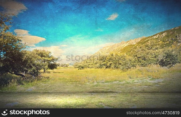 Grunge styled lanscape. Natural beautiful landscape of mountain and forest