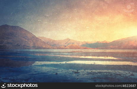 Grunge styled lanscape. Natural beautiful landscape of mountain lake and forest