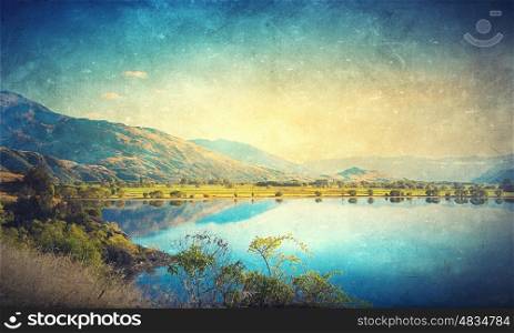Grunge styled lanscape. Natural beautiful landscape of mountain lake and forest