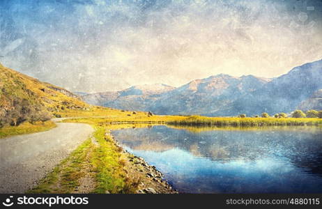 Grunge styled lanscape. Natural beautiful landscape of mountain lake and forest