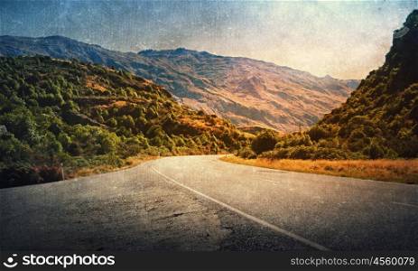 Grunge styled lanscape. Natural beautiful landscape of mountains and forest