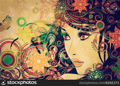 Grunge Summer Girl with Floral. Fashion summer girl, female portrait with decorative floral ornament, grunge background.
