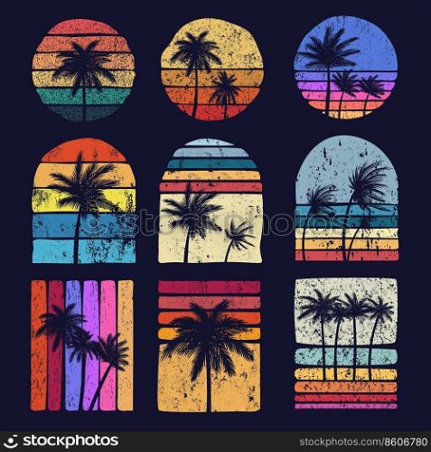 Grunge sunset retro palm tree silhouette set collection vector illustration
