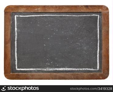 grunge vintage slate blackboard with white chalk rectangle, isolated on white