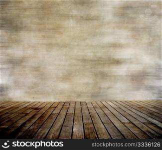 Grunge wall and wood paneled floor, interior of a room.