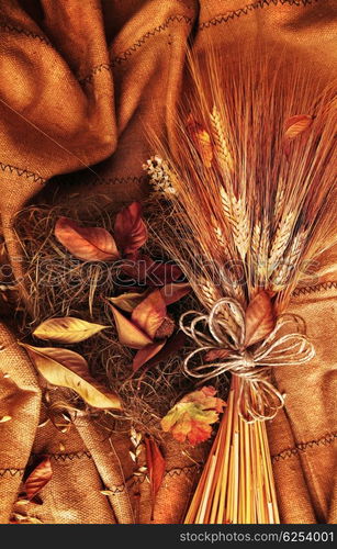 Grunge wheat background with autumn leaves