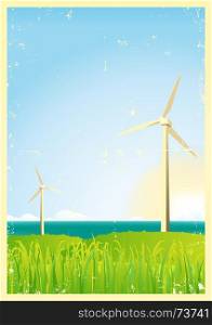 Grunge Windmills In The Ocean. Illustration of spring and summer windmills in the ocean, with sun and grass in the foreground