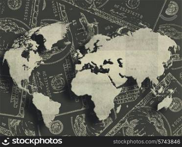 Grungy financial background from hundred bucks banknotes and Earth map