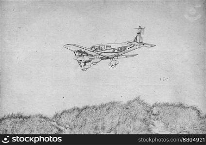 Grungy technical drawing or blueprint illustration on black background, prop airplane