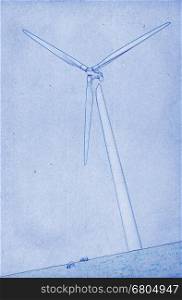 Grungy technical drawing or blueprint illustration on blue background, modern windmill