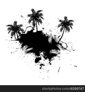 Grungy tropical palm tree graphic with lots of splatter.