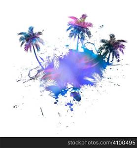 Grungy tropical palm tree graphic with lots of splatter.