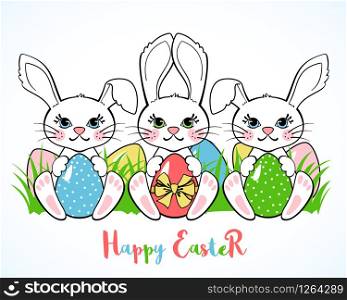 Gteeting card with cute Easter Bunny and eggs isolated on white background. Happy Easter poster or banner with rabbits.. Gteeting card with cute Easter Bunny and eggs isolated on white background.
