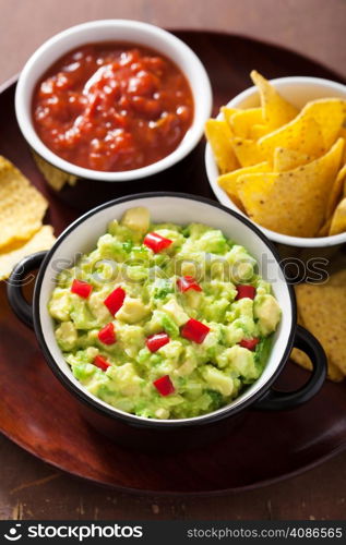 guacamole with avocado, lime, chili and tortilla chips