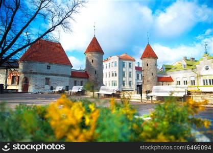 Guard towers of Viru Gate in Tallinn . Estonia