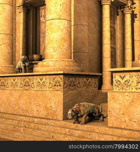 Guardian Tigers of an ancient fantasy temple. 3D rendered - Guardian Tigers of an ancient fantasy temple