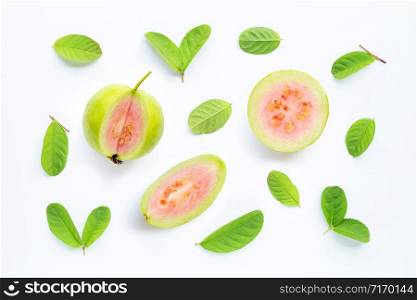 Guava with leaves on white background.