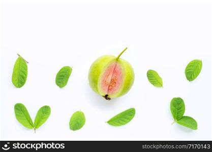 Guava with leaves on white background. Copy space