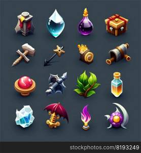 gui rpg 2d game icons ai generated. element symbol, light item, fire coin gui rpg 2d game icons illustration. gui rpg 2d game icons ai generated