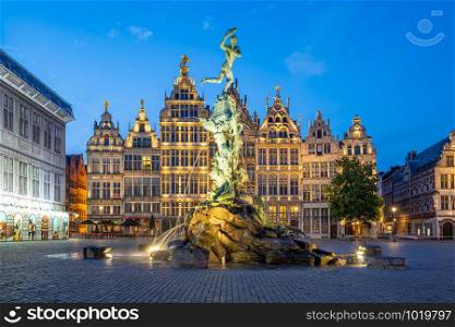 Guildhalls of Grote Markt of Antwerp in Belgium at night.