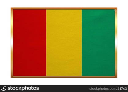 Guinean national official flag. African patriotic symbol, banner, element, background. Correct colors. Flag of Guinea , golden frame, fabric texture, illustration. Accurate size, color