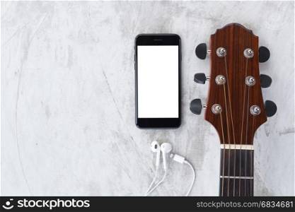 guitar and phone mobile white screen showing white screen top view