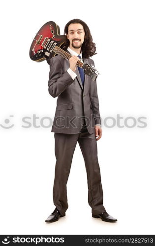 Guitar player in business suit on white