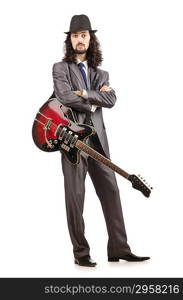 Guitar player in business suit on white