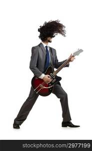 Guitar player in business suit on white