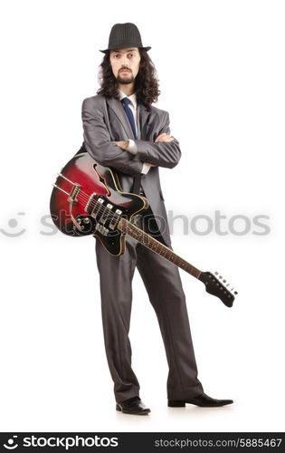 Guitar player in business suit on white