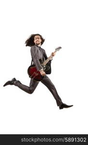 Guitar player in business suit on white