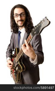 Guitar player in business suit on white