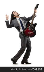 Guitar player in business suit on white