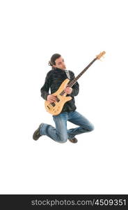 Guitar player jumping in the air