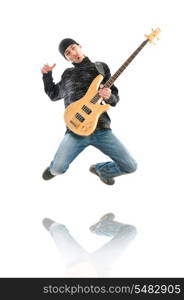 Guitar player jumping in the air