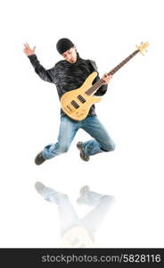 Guitar player jumping in the air