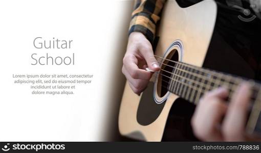 Guitar player with acoustic guitar. Template design with sample text