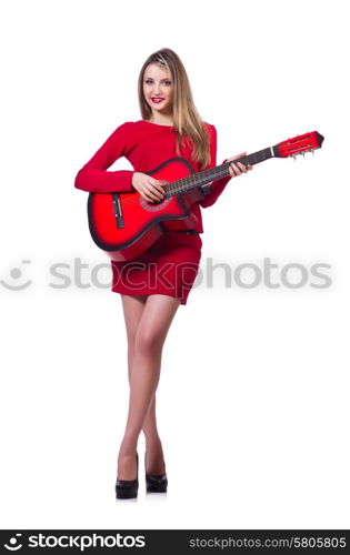 Guitar player woman isolated on white