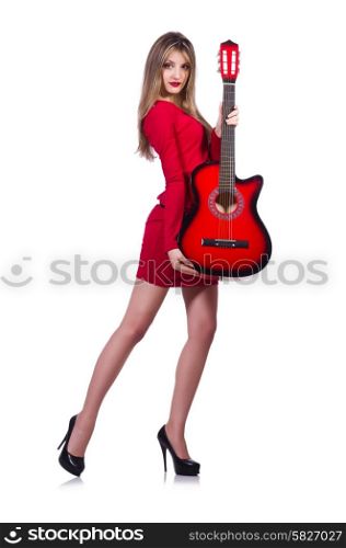 Guitar player woman isolated on white