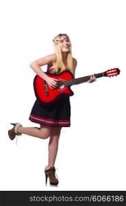 Guitar player woman isolated on white
